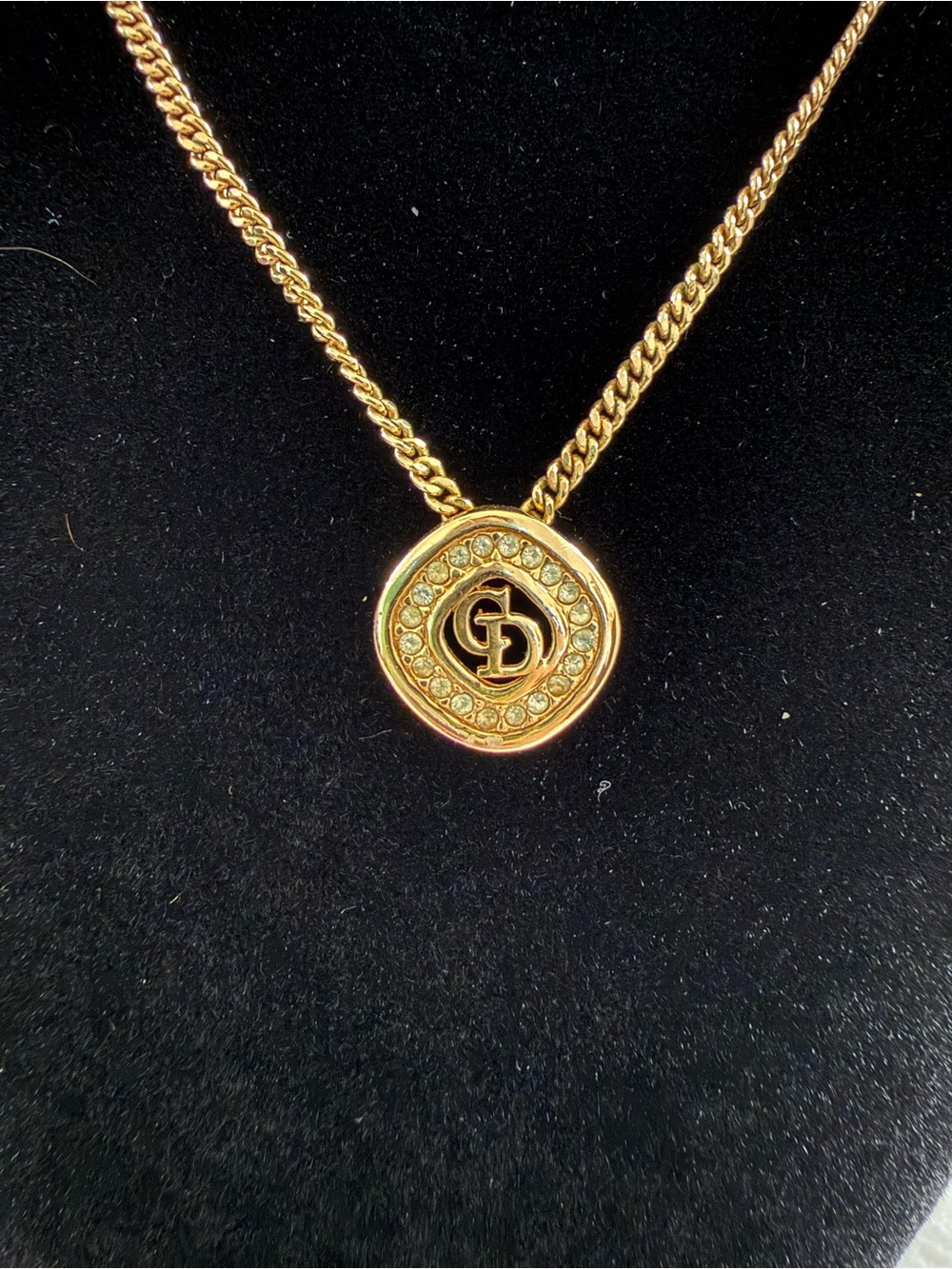 Christian Dior CD Logo Gold Crystal Pendant Necklace